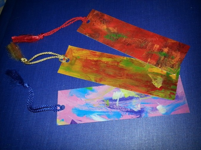 Prints of Gypsy and Cheyenne's paintings made into bookmarks.